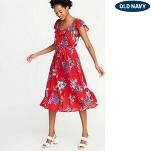 Old Navy Ruffled Red Floral Slub-Weave Tie - Belt Midi Dress for Women Sz. Large